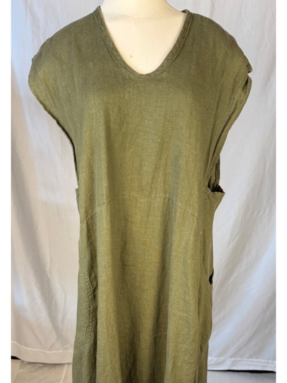 Flax Jeanne Engelhart Olive Green Linen Maxi Dress Large Lagenlook Minimalist - Picture 3 of 13